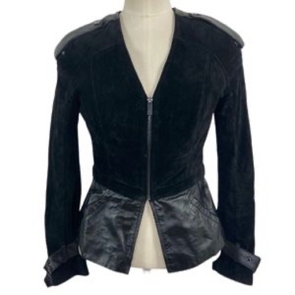 bebe Kate Drop Shoulder Suede & Leather Peplum Convertible Jacket - Picture 1 of 9